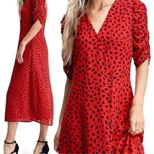 Red Spot Print Midi Dress Button Front Farrow Claudia Medium Retro Pinup Vintage